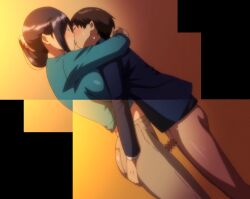 1boy 1girls ass_grab big_ass big_breasts big_penis boku_ni_sexfriend_ga_dekita_riyuu breast_grab brown_hair bunnywalker busty censored closed_eyes female female_human french_kiss from_side height_difference hug human kissing legs looking_back low_ponytail male male/female male_human mature mature_female mature_woman older_female older_woman_and_younger_boy pants penis purple_hair rinmuro_hitomi screencap short_hair sideboob stitched t-rex_(animation_studio) thigh_sex thighs young younger_male