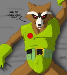 1boy absurd_res anthro bodily_fluids bulge clothed clothing dialogue dripping genital_fluids guardians_of_the_galaxy hi_res lying male male_only mammal marvel marvel_cinematic_universe monroethefox open_clothing open_shirt open_topwear precum precum_drip procyonid raccoon rocket_raccoon rocket_raccoon_(original_green_outfit) shirt solo topwear