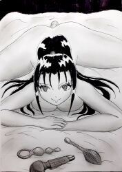 bed black_and_white black_hair completely_nude completely_nude_female japanese_girl long_hair lying_on_bed milkyway8969 naughty_face nude nude_female original original_character sex_toy smiling traditional_art traditional_media traditional_media_(artwork)