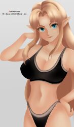 1girls arm_behind_head big_breasts big_thighs black_bikini black_bra black_panties blonde_hair blue_eyes bra breasts busty elf female female_only hand_on_hip highleg highleg_panties highres large_breasts light-skinned_female light_skin looking_at_viewer navel nidavellirstudios nintendo panties platinum_blonde_hair pointy_ears pose posing princess princess_zelda sensual smile solo sports_bikini sports_bra the_legend_of_zelda thick thick_hips thick_thighs thighs underwear wide_hips zelda_(a_link_between_worlds)