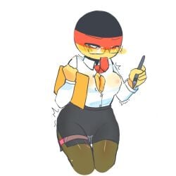 1girls big_breasts cleverpoint clothing countryhumans countryhumans_girl germany_(countryhumans) glasses holding_object panties pussy_juice simple_background vibrator vibrator_under_clothes white_background