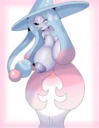 anthro areola big_breasts blue_hair blush breasts female generation_8_pokemon hair hanging_breasts hatterene hay hi_res huge_breasts inusenchou nintendo nipples one_breast_out one_eye_closed pokemon pokemon_(species) seductive solo tongue tongue_out