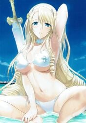 1girls arm_behind_head armpits beach big_breasts bikini bikini_warriors blonde_hair blue_eyes breasts busty drill_hair feet female female_only highres large_breasts legs long_hair navel ocean official_art paladin_(bikini_warriors) scan sitting smile swimsuit sword thighs voluptuous water weapon wet white_bikini