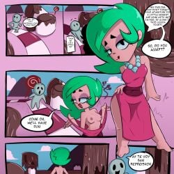 brawl_stars breasts chocolate comic comic_page dialogue dress green_hair lola_(brawl_stars) luna_hombre papersketch patreon patreon_reward text thick_thighs undressing