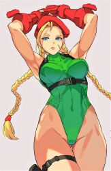 1girls arms_above_head beret blonde_hair blue_eyes boobs braided_hair braided_twintails cammy_white capcom female female_only fingerless_gloves fully_clothed gloves green_leotard holster legs leotard red_beret red_gloves scar_on_face solo street_fighter street_fighter_v thick_thighs thighs thong_leotard tight_clothing twintails