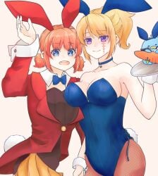 2girls alternate_costume big_breasts blonde_hair blue_eyes breast_size_difference bunny_ears bunny_girl bunny_tail bunnysuit choker cleavage facial_scar female female_only fishnets flat_chest fully_clothed gintama gintoki_sakata kagura_(gintama) looking_at_viewer multiple_girls orange_hair paleatus pantyhose playboy_bunny plushie ponytail purple_eyes smile tray tsukuyo twintails wholesome wrist_cuffs