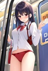 ai_generated blush bottomless embarrassed medium_hair red_panties school_uniform schoolgirl stable_diffusion train_interior underwear white_blouse