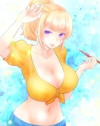 alternate_costume bare_midriff big_breasts blonde_hair cleavage facial_scar female female_only gintama hourglass_figure kiseru paleatus pipe ponytail purple_eyes smile smoking smoking_pipe solo tied_shirt tsukuyo