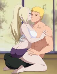 1boy 1girls adapted_costume ass ass_cleavage blonde_hair blush boruto:_naruto_next_generations butt_crack couple cuddling female half_naked happy hug hugging human iharuluna_(artist) ino_yamanaka lingerie male naruto naruto_(series) naruto_shippuden panties pants purple_panties romantic romantic_couple round_ass shirtless shirtless_(male) shounen_jump smile smiling straddling uzumaki_naruto voluptuous white_bra