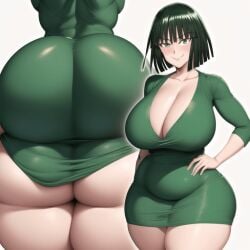 ai_generated ass ass_in_dress blush cleavage dress_inside_ass fubuki_(one-punch_man) green_dress huge_ass huge_breasts one-punch_man plump smiling thick_thighs