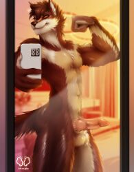 anthro apple_inc. big_chest brown_body brown_fur canid canine canis cellphone clothing elzix_(elzix) flexing flexing_bicep fur genitals hi_res iphone knot large_male lgbt_pride male male_only mammal mirror muscular muscular_male nude orange_eyes penis phone selfie shirt shorple smartphone solo topwear wolf