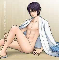 bishonen dark_hair dark_purple_hair gintama japanese_text kimono male male_only mostly_nude one_eye_closed open_kimono partially_clothed purple_hair sitting smile smirk solo takasugi_shinsuke wearing_others_clothes xhaowrong