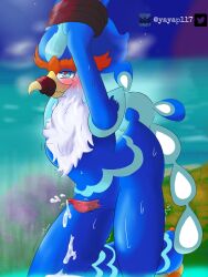 anatid anseriform anthro arms_tied avian bird blue_body blue_eyes blue_feathers blush blush_lines bodily_fluids bound cum cumshot dominant duck ejaculation elelite feathers genital_fluids genitals hi_res male nintendo penis pokémon_(species) pokemon pokemon_(species) pokemon_sv quaquaval simple_background solo solo_male