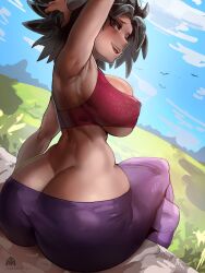 1girls alamanderarts arm_up armpits ass ass_cleavage big_ass big_breasts black_hair breasts bubble_butt butt_crack caulifla clothing crop_top dat_ass dragon_ball dragon_ball_super dumptruck_ass fat_ass female female_only female_saiyan hand_behind_head huge_ass large_ass legs_crossed looking_at_viewer looking_back no_panties outside pants saiyan sitting smile solo thick_ass thick_thighs wide_hips