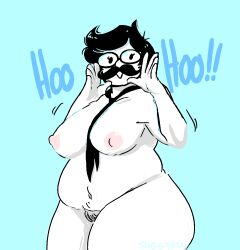 !! big_breasts black_glasses black_hair black_tie blue_background breasts chubby chubby_belly chubby_female dark_hair english_text eyelashes eyewear fake_mustache fat fat_ass fat_butt fat_thighs glasses hands hands_up happy homestuck jane_crocker mostly_nude moustache ms_paint_adventures naked nude nude_female pink_nipples pubic_hair_peek short_hair siggy_(artist) stretch_marks thick_thighs tie white_body white_skin