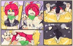 anthro appelfriuts_(artist) black_fur comic cum female male mating_press nude oc orgasm partially_clothed penetration red_hair ripped_clothing sex tagme yellow_fur