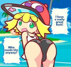 1girls accurate_art_style amitie angry ass_focus background beach blonde_hair day dialogue english_text female female_only furii_(artist) green_eyes meme puyo_puyo puyo_puyo_artstyle puyo_puyo_fever swimsuit who_needs_tits_anyway?_(meme)