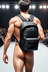 3d 3d_(artwork) ai_generated ass ass backpack fashion_show gooeyvision male male_only muscles muscular muscular_male