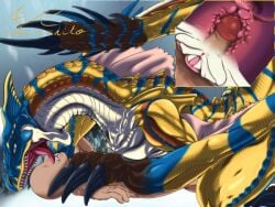 artist_request capcom claws female_domination femdom feral human human_on_feral human_penetrating human_penetrating_feral larger_female licking light-skinned_male monster_hunter scalie sharp_teeth teeth tigrex