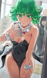 1boy 2girls breasts clothing detailed_background fubuki_(one-punch_man) fully_clothed green_eyes green_hair hews_hack horny leotard mirror mirror_selfie multiple_girls neckwear one-punch_man partially_clothed phone saitama selfie short_hair sisters small_breasts solo_focus standing tatsumaki thick_thighs thighs