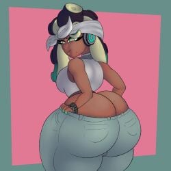 ass ass_cleavage big_ass brown_skin butt_crack headband heart-shaped_pupils jeans marina_(splatoon) octoling secca_(artist) splatoon