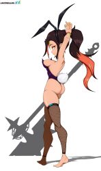 1girls 2d aitrellos armpits axe barefoot big_breasts black_hair bunny_costume bunny_ears bunny_girl bunnysuit dyed_hair female female_only fortnite green_eyes helsie_(fortnite) leggings light-skinned_female light_skin multicolored_hair nipple_slip nipples ponytail smile solo straight_hair