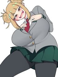 1girls alternate_costume alternate_version_available bellupup big_breasts blonde_hair blush bottomwear breasts brown_eyes clothing fangs female female_only green_skirt himiko_toga huge_breasts leggings my_hero_academia open_mouth school_uniform schoolgirl skirt smile solo solo_female topwear uniform