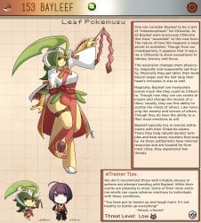 bayleef character_profile character_sheet clothed_female creature_index english_text female_focus green_hair hi_res kinkymation nintendo page_153 page_number pokémon_(species) pokedex pokemon pokemon-girl_encyclopedia pokemon_(species) pokemorph pokemusu profile standing tagme text_box thigh_strap