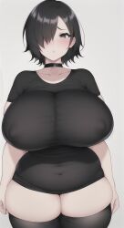 1girls ai_generated black_eyes black_hair bottomless covered_nipples curvy ember_blaine_(oc) female hair_over_one_eye huge_breasts long_shirt original_character short_hair stable_diffusion t-shirt thick tight_clothing tight_fit