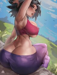 1girls alamanderarts arm_up armpits ass ass_cleavage big_ass big_breasts black_hair breasts bubble_butt butt_crack caulifla clothing crop_top dat_ass dragon_ball dragon_ball_super dumptruck_ass fat_ass female female_only female_saiyan hand_behind_head huge_ass large_ass legs_crossed looking_at_viewer looking_back no_panties outside pants saiyan sitting solo thick_ass thick_thighs wide_hips