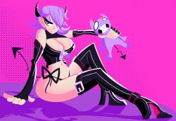 ass breasts clothed fanart gingrjoke huge_breasts latex liz_(gingrjoke) pinup purple_hair shiny_clothes shiny_skin squabble strangling