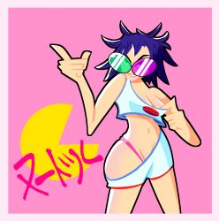 1girls athletic_shorts big_breasts clothing dolphin_shorts eyewear female female_only glasses gorillaz human noodle_(gorillaz) noodle_(pac-man) pac-man pac-man_(series) pale_skin pinup purple_hair shorts solo sportswear squabble