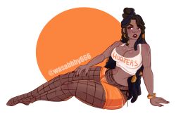 african african_female big_breasts black_fur black_hair blush breasts dark-skinned_female dark_hair dark_skin hooters hooters_uniform league_of_legends melanin senna_(league_of_legends) wasabby666