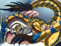 artist_request capcom claws female_domination femdom feral human human_on_feral human_penetrating human_penetrating_feral larger_female licking light-skinned_male monster_hunter scalie sharp_teeth teeth tigrex