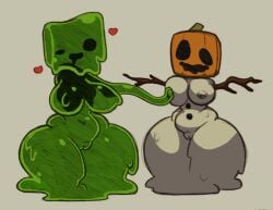 2girls big_ass big_breasts breasts colored cute duo duo_focus female female/female female_focus female_only guityg heart huge_breasts large_breasts minecraft nsfwoaf original original_character pumpkin pumpkin_head pussy slime slime_(minecraft) slime_girl snow snow_golem sticks thick_thighs wide_hips