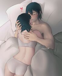 1boy 1girls ass black_hair blush bra chainsaw_man chocorutt collarbone cuddling female hayakawa_aki heart himeno_(chainsaw_man) hug kissing looking_at_another lying male/female morning on_bed panties pillow signature straight under_covers underwear wholesome