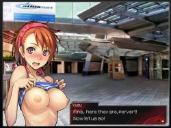 ai_generated blush breasts clothes_lift cranpeach devil_survivor embarrassed exhibitionism female hairband large_breasts looking_at_viewer nipples open_mouth orange_hair public_indecency purple_eyes screenshot_edit shin_megami_tensei shirt_lift short_hair solo sweatdrop tube_top yuzu_tanigawa yuzu_tanikawa