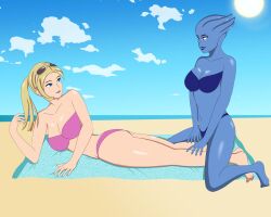 2girls anoneysnufftan applying_sunscreen asari beach bikini blonde_hair blue_eyes blue_skin chloe_bourgeois edasbild embarrassed female female_only glasses glasses_on_head humiliation imminent_death killer_lotion liara_t'soni mass_effect massage miraculous_ladybug murder ocean peril ponytail punishment rubbing sand seaside sky snuff straight_hair summer sunbathing sunglasses sunglasses_on_head swimsuit towel