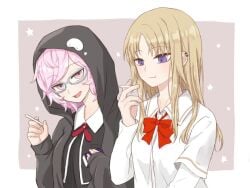 2girls bangs black_dress black_jacket blonde_hair blouse blue-framed_eyewear bolo_tie border candy cigarette_candy collared_dress cropped_jacket cross_tie daitou_academy_school_uniform dress ear_piercing eating food glasses grey_hoodie highres hood hood_up hoodie human human_only jacket kazari_jun layered_sleeves long_hair long_sleeves looking_at_another looking_at_food magia_record:_mahou_shoujo_madoka_magica_gaiden mahou_shoujo_madoka_magica multiple_girls neck_ribbon necktie omatsu214 open_mouth piercing pink_eyes pink_hair purple_eyes red_necktie red_ribbon ribbon sakae_general_school_uniform school_uniform shirt short_over_long_sleeves short_sleeves smoke star_(symbol) swept_bangs upper_body white_shirt yukino_kanae yuri