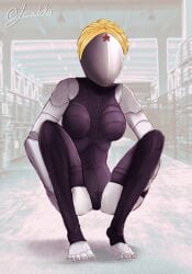 android android_girl atomic_heart black_clothing blonde_hair blurred_background blurry_background clothed crouch crouched crouching crouching_female female_only full_body full_body_suit grey_skin high_thighs holding_thigh lewdeka looking_at_viewer metallic_body no_face no_humans robot robot_girl robot_humanoid spread_legs spreading spreading_legs the_twins_(atomic_heart) transparent_clothing twin_sisters wig