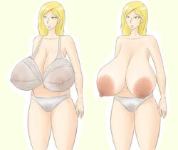 blonde_hair bra dark_areola dark_nipples dripping_milk gigantic_breasts huge_areolae lactation lactation_without_expressing light-skinned_female milk_drip nipples rasburton sagging_breasts topless