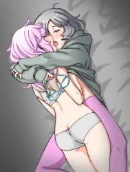 2girls ahoge aqua-framed_eyewear ass ass_cleavage ass_up back bangs bare_back bra butt_crack closed_eyes clothes_lift dutch_angle eyewear_removed facing_another feet_out_of_frame french_kiss grey_background grey_bra grey_hair grey_hoodie grey_panties groin hand_under_clothes holding holding_eyewear hood hood_down hoodie hoodie_lift hug jewelry kazari_jun kissing knees_apart_feet_together long_hair long_sleeves lying_on_another magia_record:_mahou_shoujo_madoka_magica_gaiden mahou_shoujo_madoka_magica median_furrow midriff_peek miwa_mitsune multiple_girls on_bed panties pantyhose pink_hair pink_legwear puella_magi_madoka_magica ring short_hair sweat swept_bangs tongue toukotsu_(gharne5) underwear underwear_only yuri