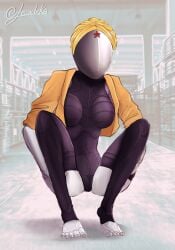 android android_girl atomic_heart black_clothing blonde_hair blurred_background blurry_background clothed crouch crouched crouching crouching_female female_only full_body full_body_suit grey_skin high_thighs holding_thigh jacket jacket_open lewdeka looking_at_viewer metallic_body no_face no_humans robot robot_girl robot_humanoid spread_legs spreading spreading_legs the_twins_(atomic_heart) transparent_clothing twin_sisters wig