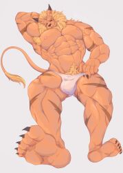 abs absurd_res anthro armpit_hair bandai_namco blonde_hair body_hair bulge claws clothing digimon digimon_(species) felid hair hi_res leomon lion looking_at_viewer male male_only mammal muscular muscular_anthro muscular_male nipples pantherine pecs pubes scar simple_background sir_arion solo underwear white_background