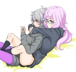 2girls ahoge bangs bed_sheet black_dress black_socks blue-framed_eyewear blue_hoodie blush daitou_academy_school_uniform drawstring dress eyebrows_hidden_by_hair glasses grey_hair grey_hoodie holding holding_phone hood hood_down hoodie hug human human_only kazari_jun kneehighs knees_apart_feet_together long_hair long_hoodie looking_at_phone lying magia_record:_mahou_shoujo_madoka_magica_gaiden mahou_shoujo_madoka_magica miwa_mitsune multiple_girls on_back orange_eyes pantyhose parted_lips phone pink_eyes pink_hair pout profile puella_magi_madoka_magica purple_legwear school_uniform short_hair simple_background socks swept_bangs thighs toukotsu_(gharne5) wavy_hair yuri