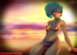 2d astarte_(giroofficial) beach bikini bisexual bisexual_pride_colors breasts cyan_hair digital_media_(artwork) female_only giroofficial glowing_eyes glowing_markings highres looking_at_viewer mega_man mega_man_x mega_man_x_dive original_character red_eyes self_upload smile sole_female sunset swimsuit tattoo_on_chest tight_clothing