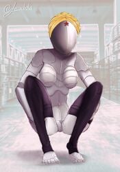 android android_girl atomic_heart black_clothing blonde_hair blurred_background blurry_background crouch crouched crouching crouching_female exposed exposed_breasts exposed_pussy exposed_torso female_only full_body grey_skin high_thighs holding_thigh lewdeka looking_at_viewer metallic_body no_face no_genitals no_humans no_nipples no_underwear robot robot_girl robot_humanoid spread_legs spreading spreading_legs the_twins_(atomic_heart) transparent_clothing twin_sisters wig