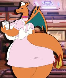 2d apron ass_focus ass_in_dress breasts brown_eyes charizard choker detailed_background dragon fat_ass female female_focus female_only horns huge_ass huge_breasts large_breasts looking_at_viewer looking_back nintendo nurse nurse_cap nurse_uniform orange_body pokémon_(species) pokemon pokemon_(species) smile tail thick_thighs wings xskullstomperx