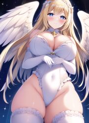 1girls ai_generated angel angel_wings blonde_hair blush choker cleavage clouds cowboy_shot curvy elbow_gloves feathered_wings feathers female flower_in_hair frilly frilly_outfit glint gloves glowing_wings large_breasts large_wings legwear leotard light_rays long_hair looking_at_viewer novelai original pendant_choker smile solo sparkle sparkle_background spread_wings stable_diffusion thick_thighs thighhighs thighs white_gloves white_leotard white_thighhighs white_wings wings