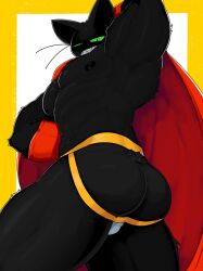 abs anthro ass big_ass black_body black_fur cape cartoon_network clothing domestic_cat felid feline felis fur gay gay_male gloves green_eyes handwear hi_res jockstrap male male_only mammal mao_mao:_heroes_of_pure_heart muscular muscular_anthro muscular_male mymu666 pecs presenting presenting_hindquarters red_clothing sheriff_mao_mao_mao solo solo_male underwear